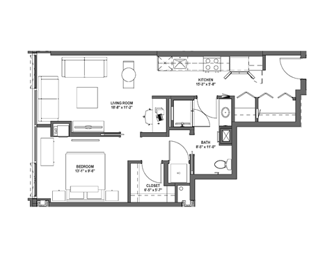 Floor plan for 1 bed, 1 bath, 726 sqft
